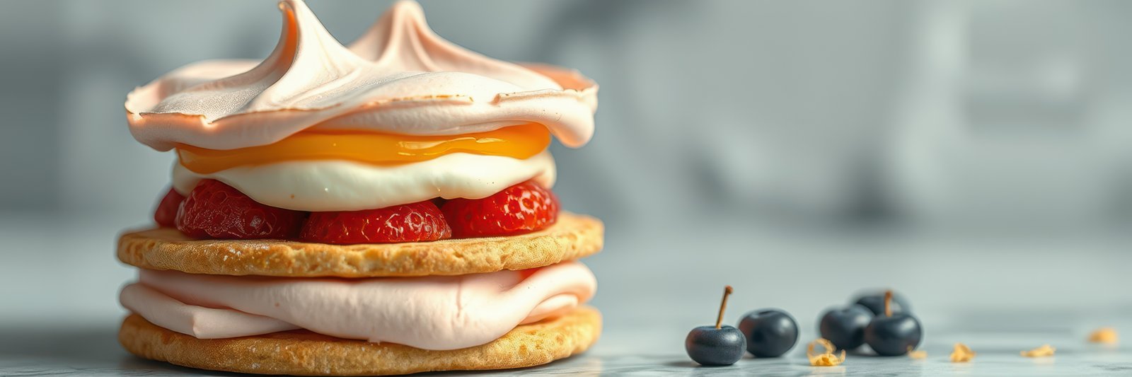 Delicious meringue dessert layered with strawberries and cream on a gray kitchen countertop